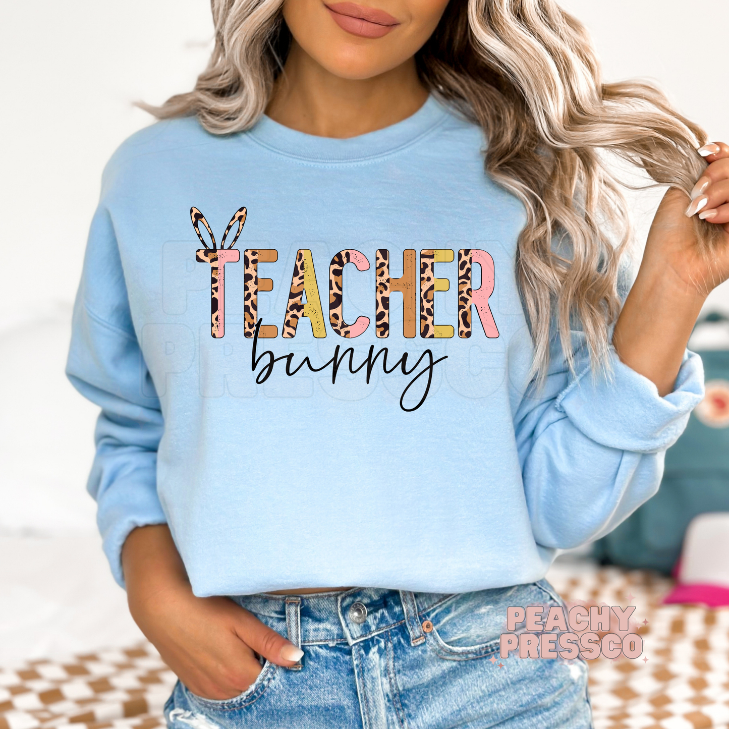 Teacher Bunny T-Shirt – Easter Apparel with Leopard Bunny Ears for Teachers