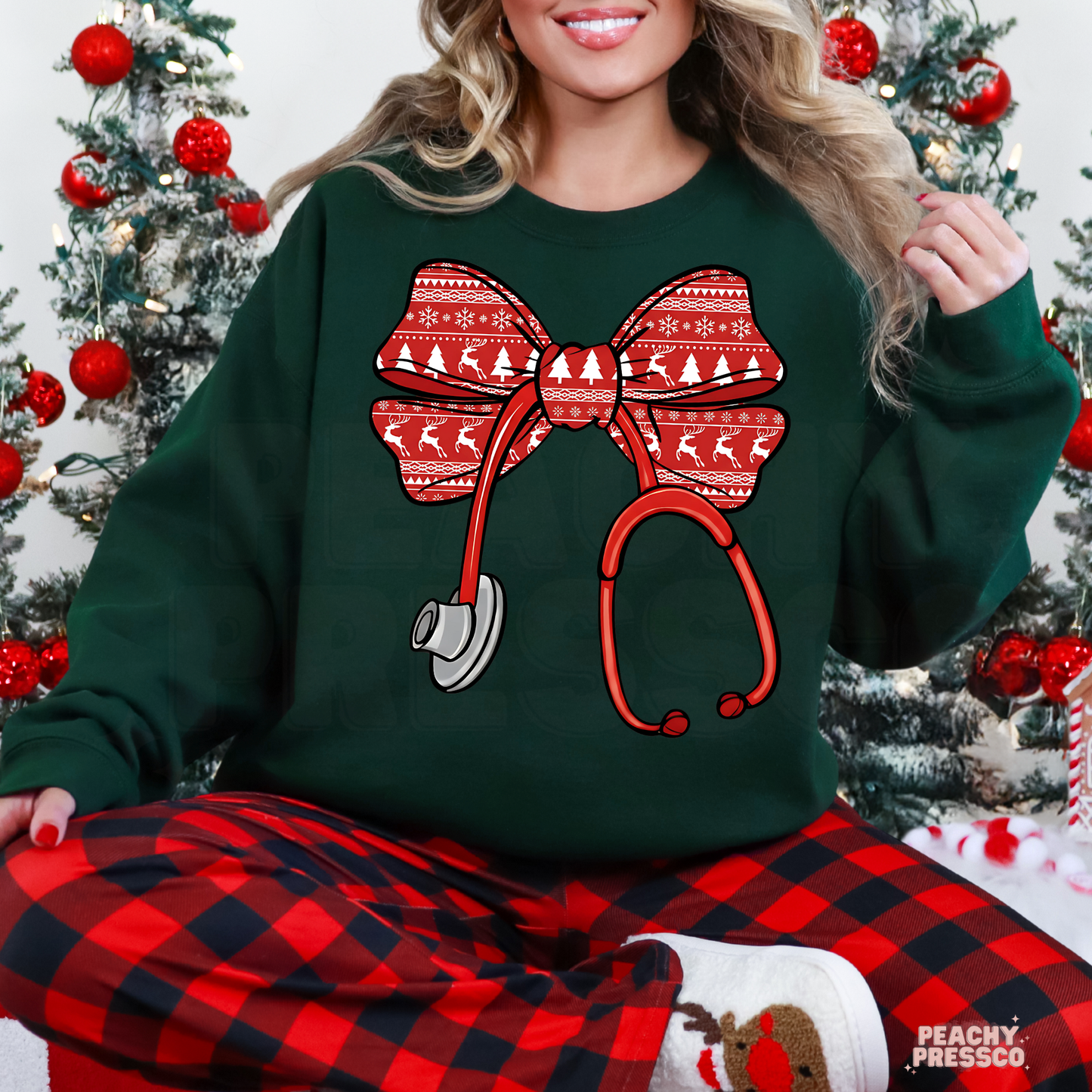 Christmas Nurse Shirt – Festive Red Bow with Stethoscope, Holiday Apparel