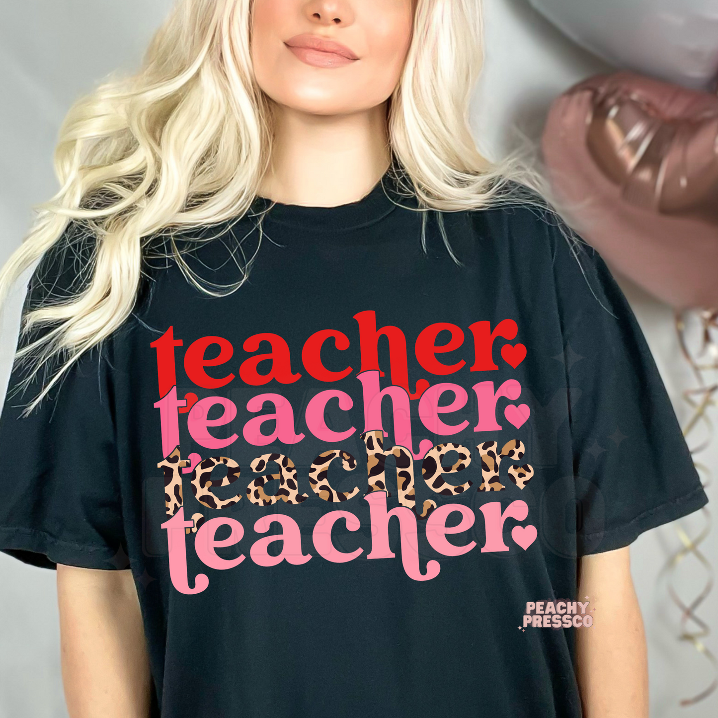 Retro Teacher Tee with Leopard Print & Hearts - Valentine's Day Apparel