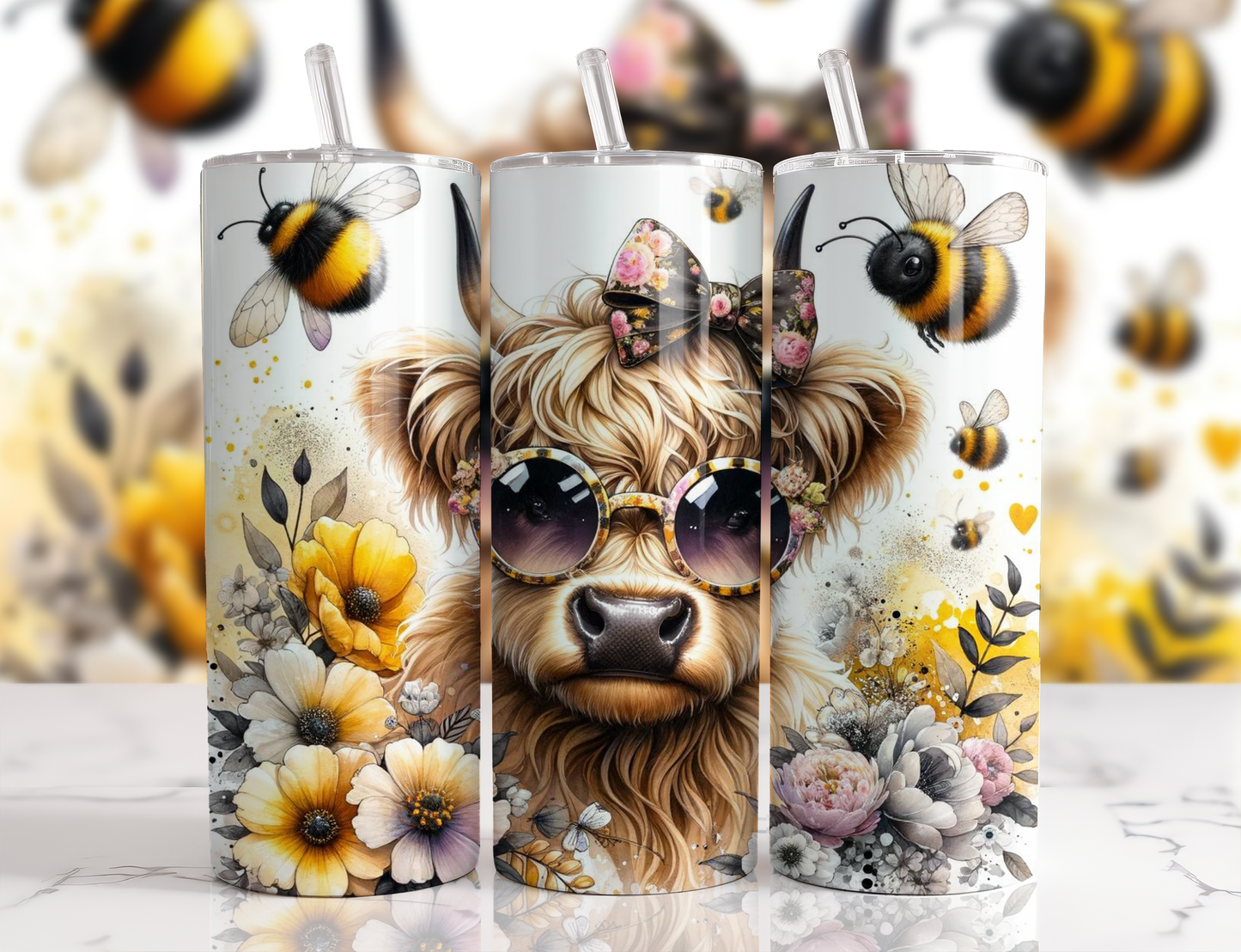 Highland Cow Tumbler with Bees & Flowers – Cute Boho Animal Drinkware