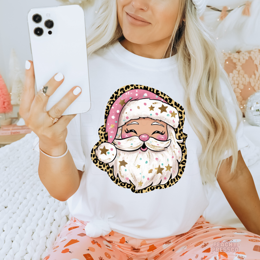 Pink Leopard Santa Face Christmas Shirt, Holiday Apparel