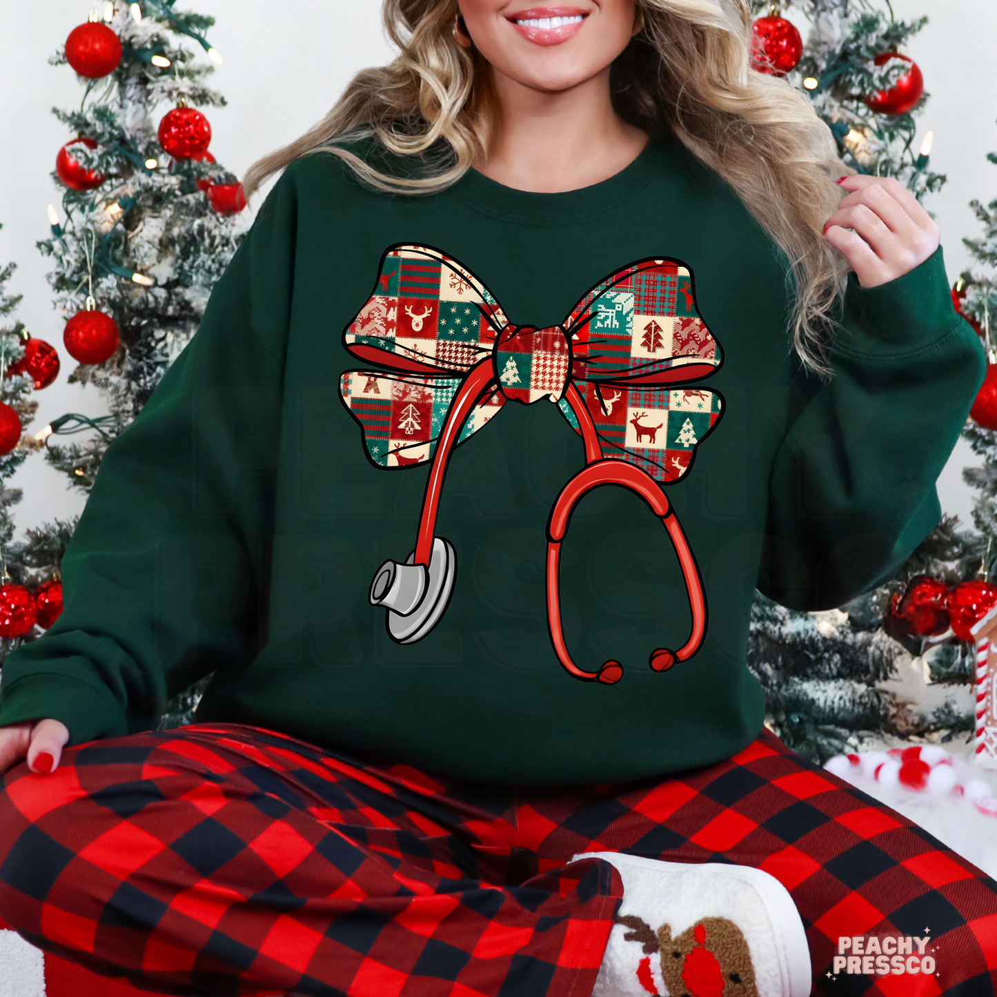 Patchwork Christmas Bow Nurse Shirt – Holiday Stethoscope, Apparel
