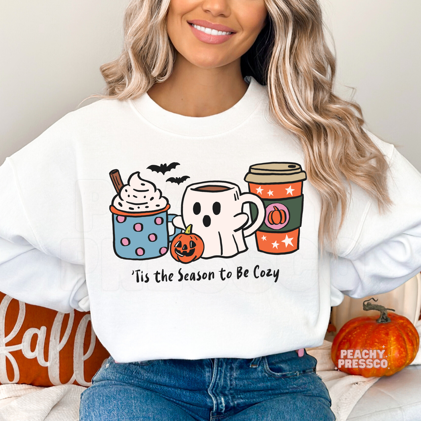 Tis the Season to Be Cozy Sweatshirt – Cute Fall Ghost Mug Graphic, Fall Apparel