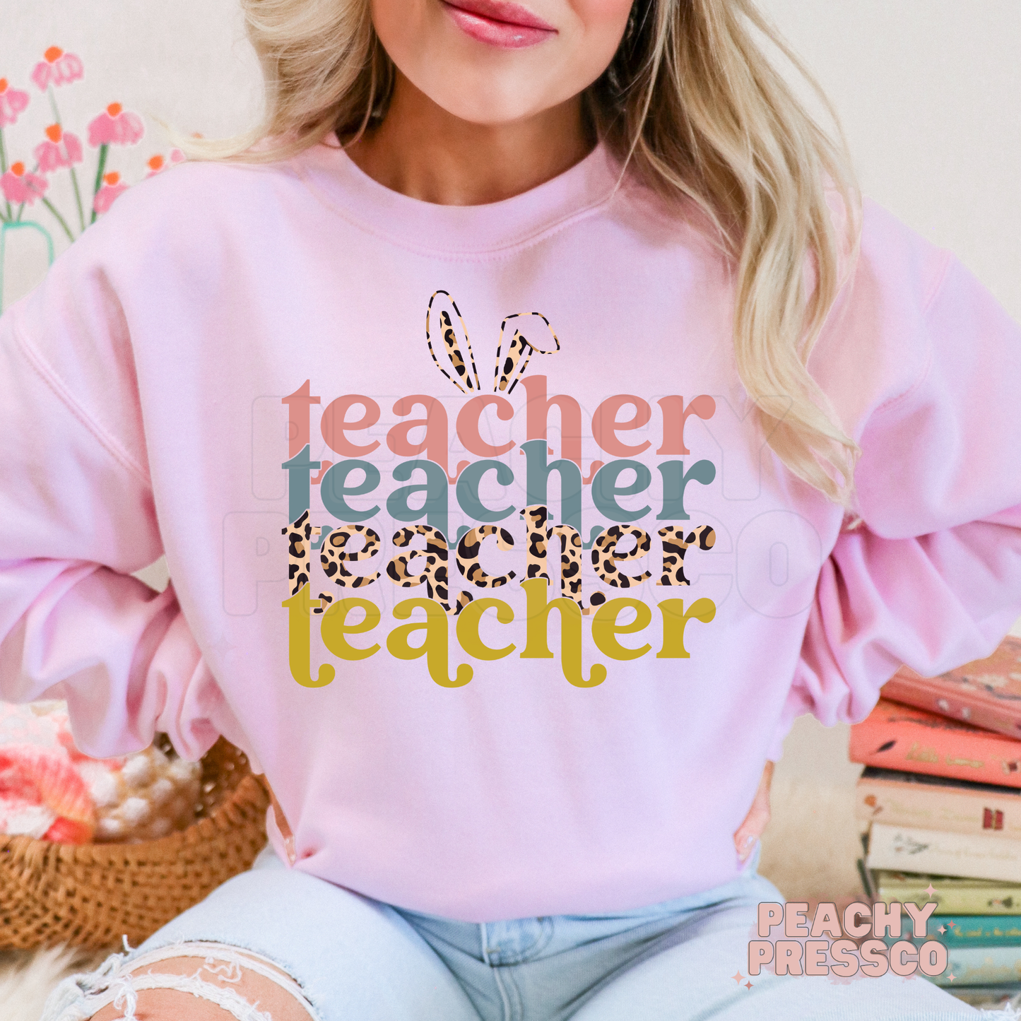 Teacher Repeating Text Bunny Ears T-Shirt – Easter Leopard Print Teacher Apparel