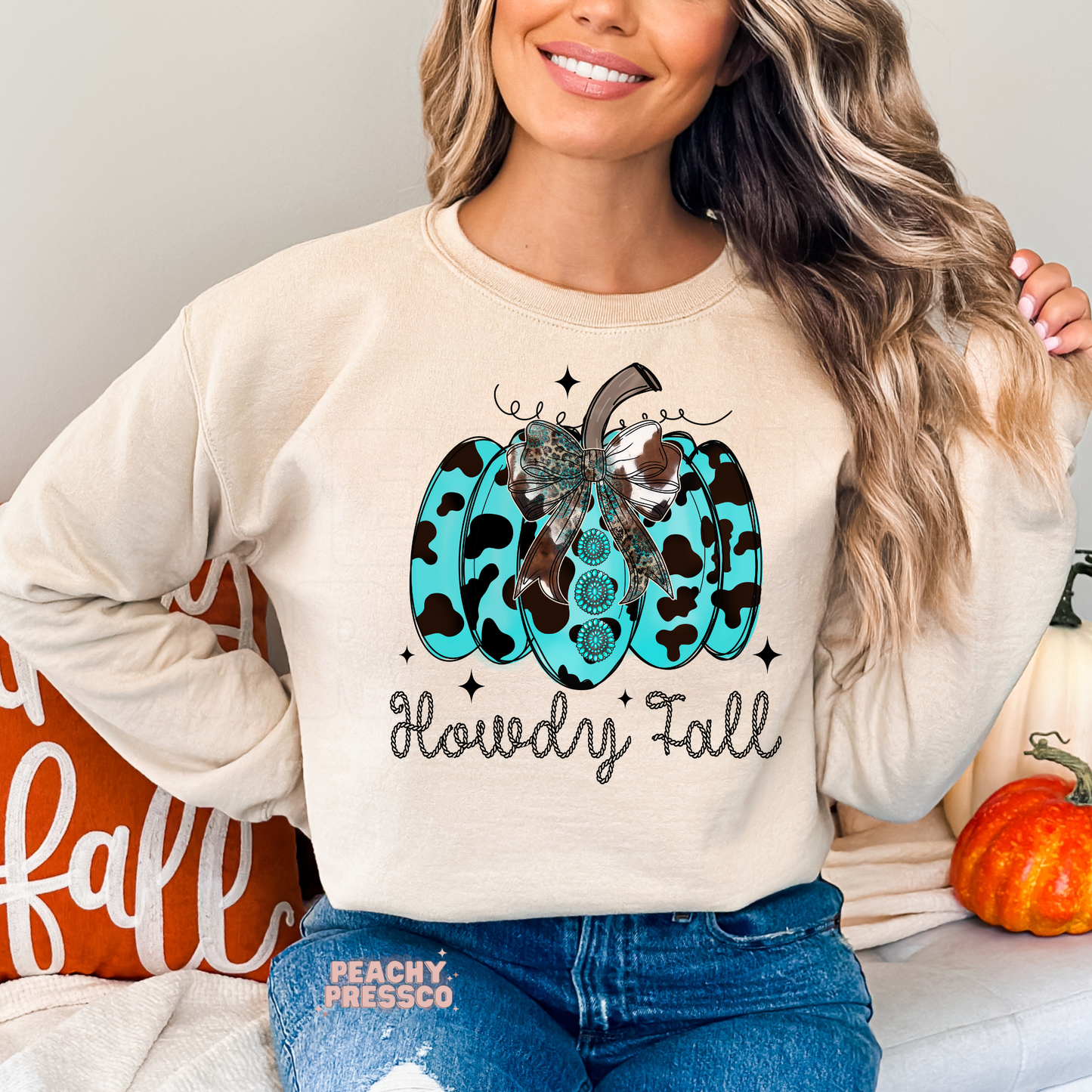 Howdy Fall Sweatshirt, Turquoise Cowprint Pumpkin Fall Apparel