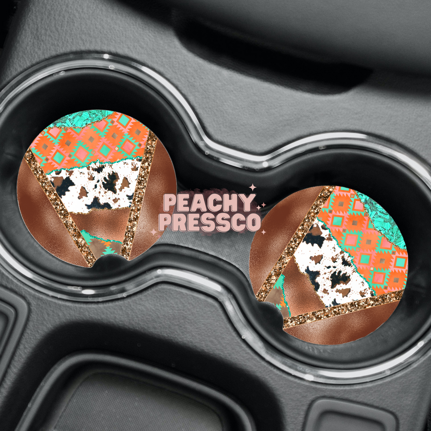 Turquoise Aztec Cow Print Car Coaster – Western Style