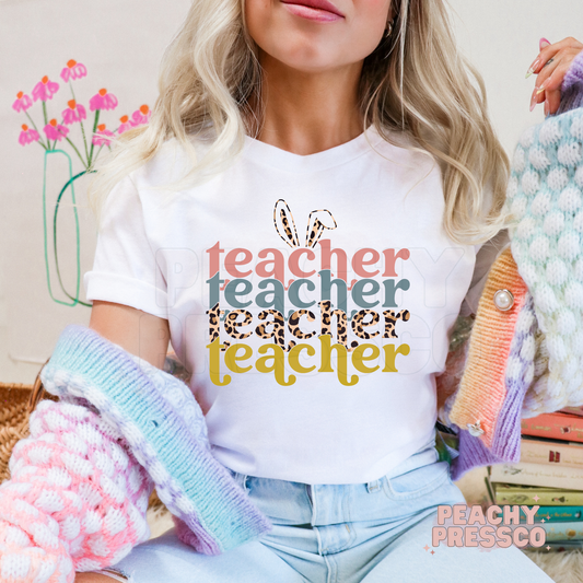 Teacher Repeating Text Bunny Ears T-Shirt – Easter Leopard Print Teacher Apparel