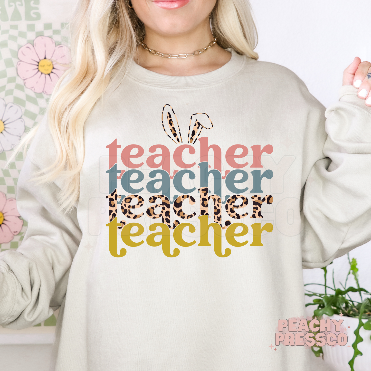 Teacher Repeating Text Bunny Ears T-Shirt – Easter Leopard Print Teacher Apparel