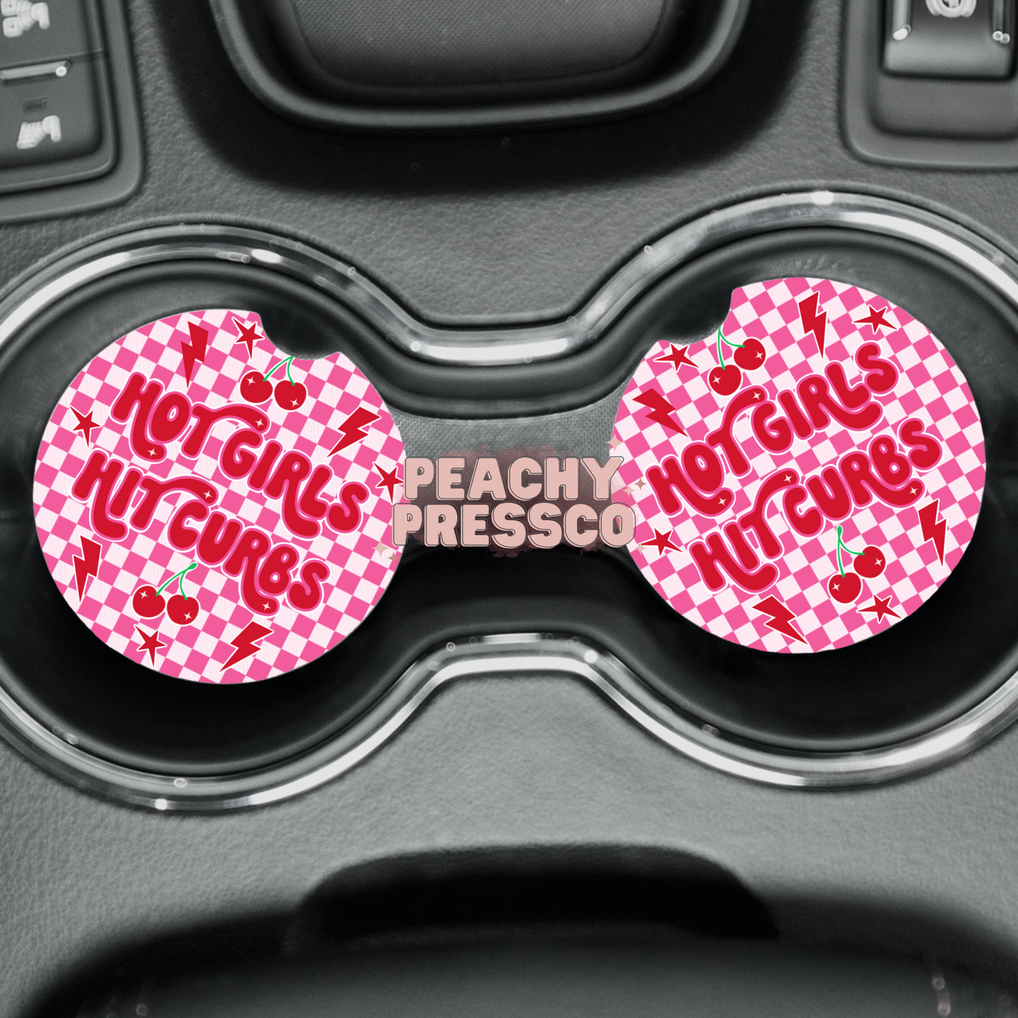 Hot Girls Hit Curbs Car Coasters – Pink Cherry Checkered Cup Holder Inserts (Set of 2)