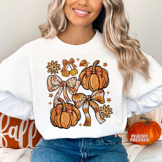 Pumpkin & Bow Cozy Fall Sweatshirt | Retro Autumn Aesthetic, Fall Apparel
