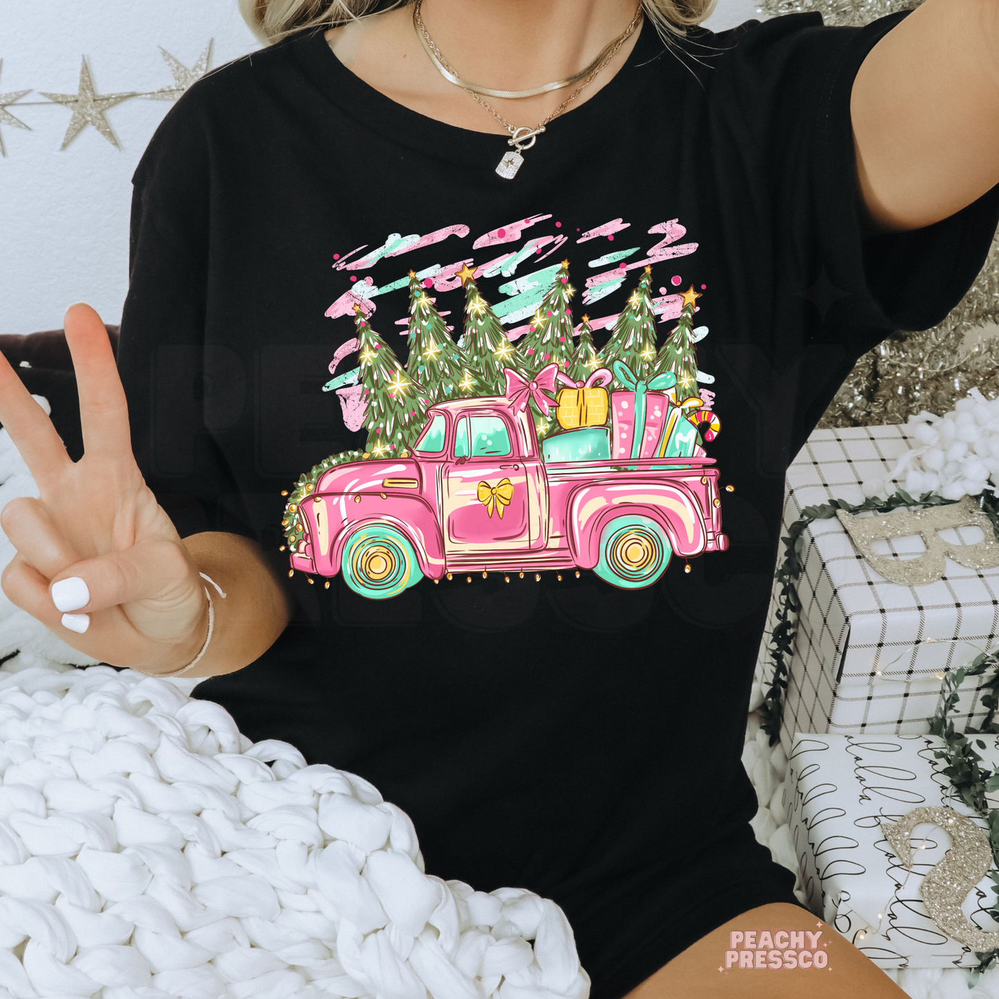 Retro Pink Christmas Truck Sweatshirt | Holiday Tree, Apparel