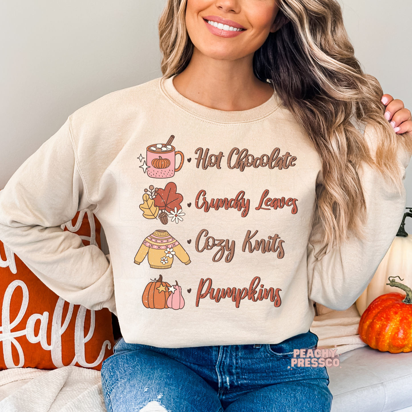 Cozy Fall Checklist Sweatshirt – Hot Chocolate, Leaves & Pumpkins Apparel