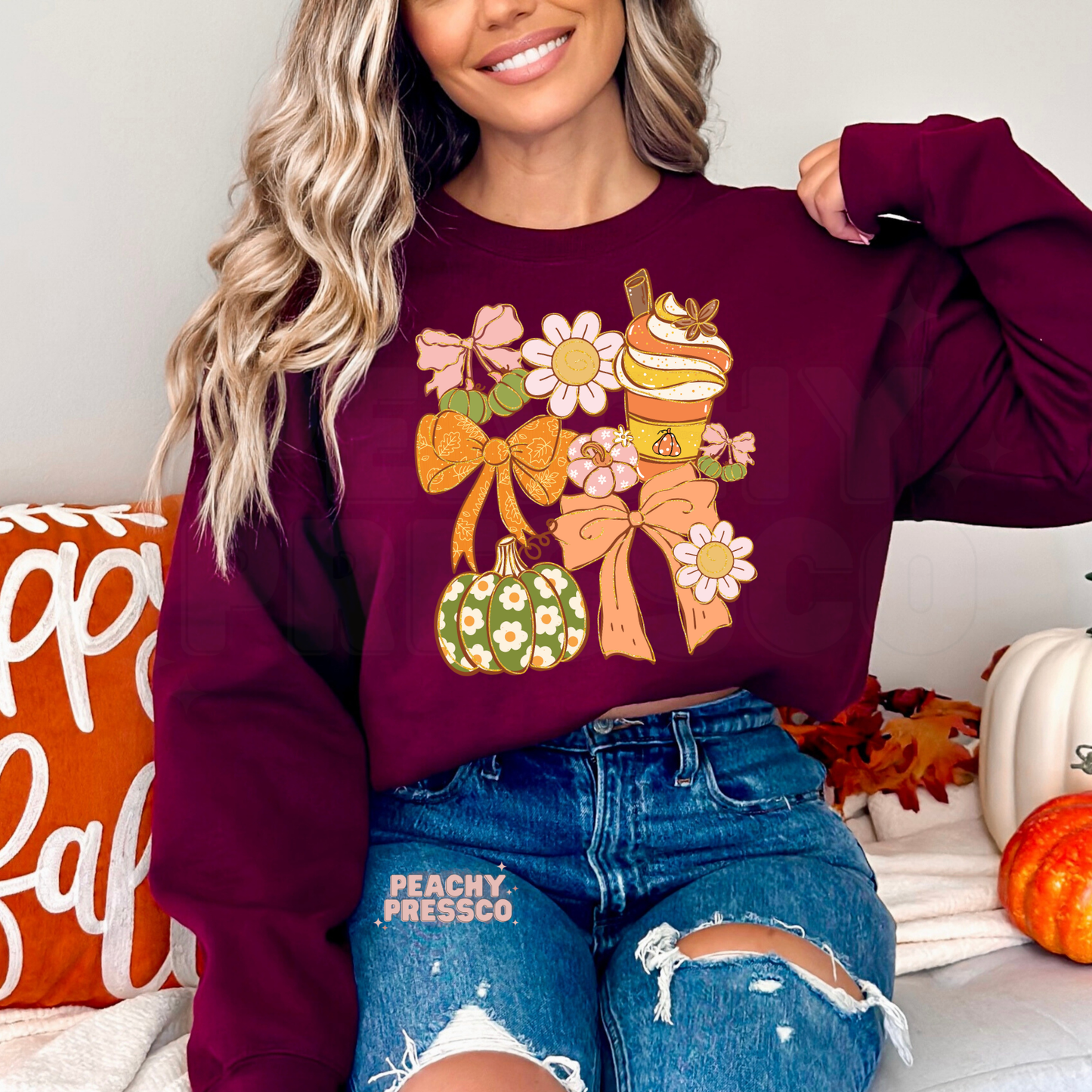 Fall Bows & Pumpkins Aesthetic Sweatshirt, Cozy Fall Apparel