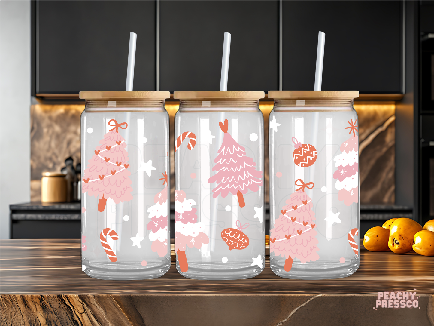 Pink Christmas Tree Glass Cup with Candy Canes & Holiday Magic 16oz