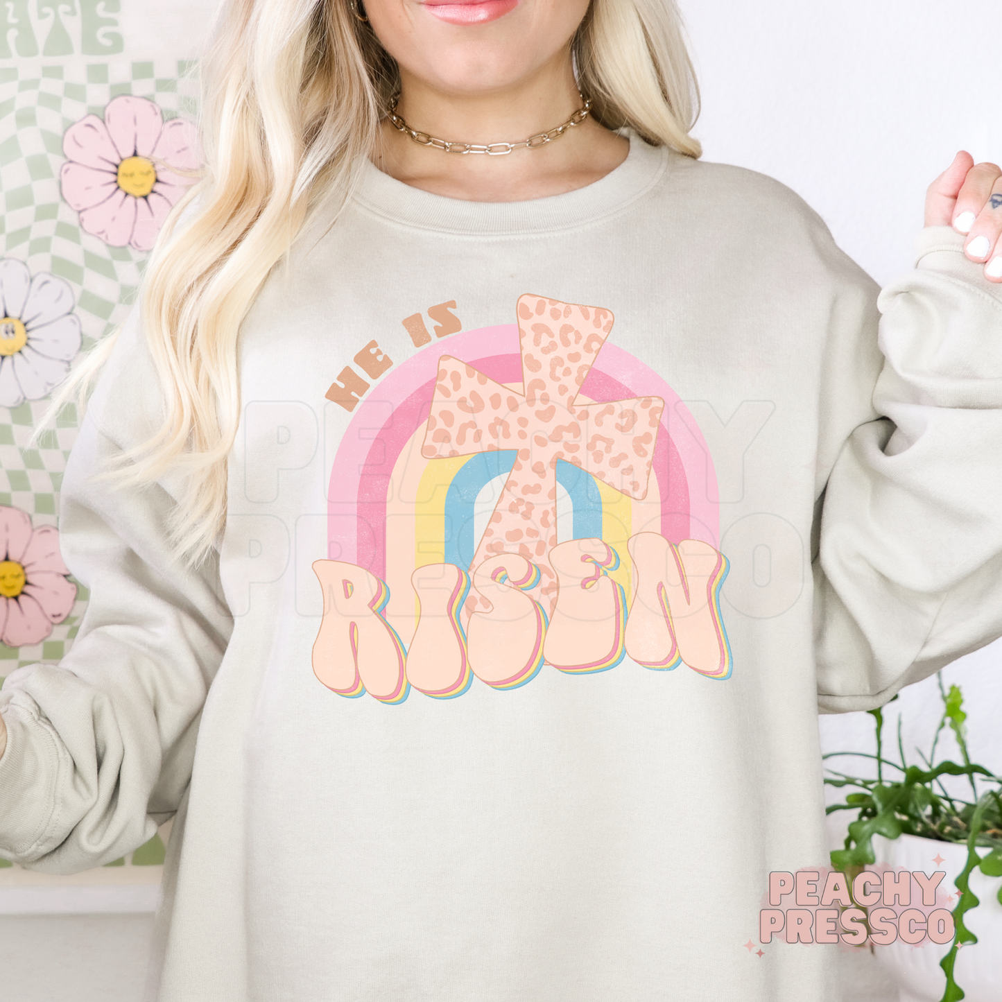 He Is Risen Rainbow Cross T-Shirt – Retro Christian Leopard Print Apparel