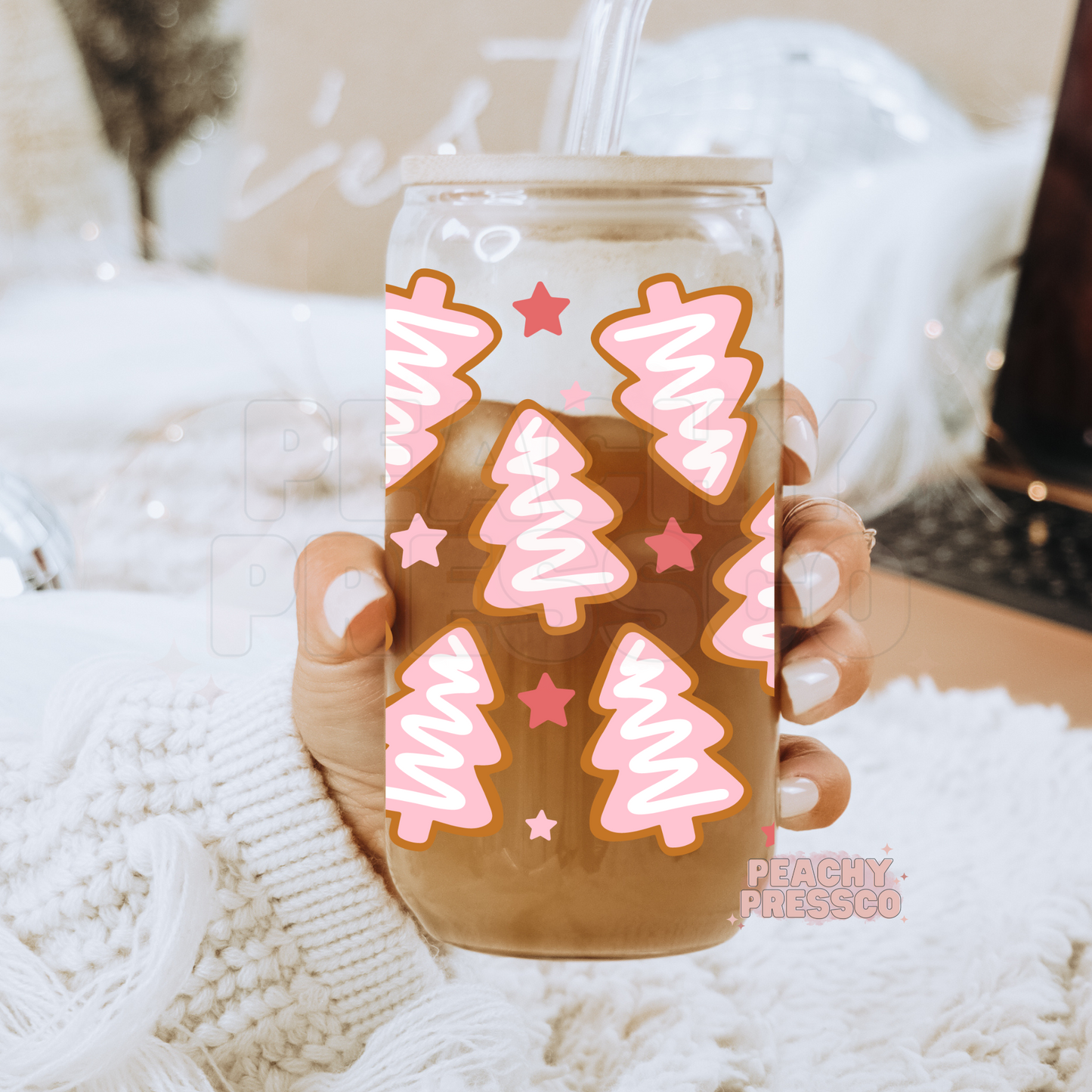 Pink Retro Christmas Tree Glass Cup – 16oz Holiday Cup with Lid & Straw