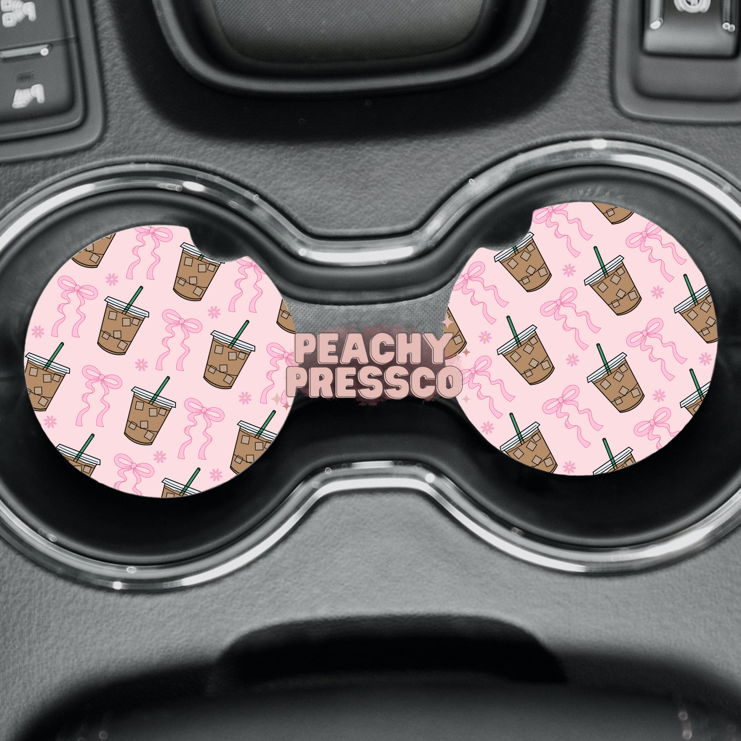Iced Coffee & Pink Bow Car Coasters – Cute Girly Drink Pattern Auto Accessories
