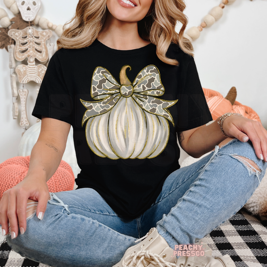 Pumpkin with Camo Bow | Neutral Fall Apparel
