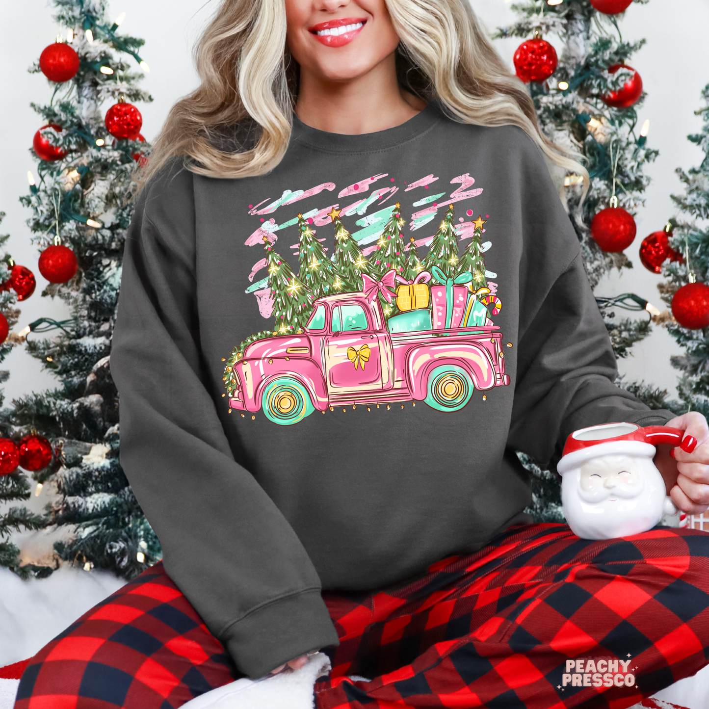 Retro Pink Christmas Truck Sweatshirt | Holiday Tree, Apparel