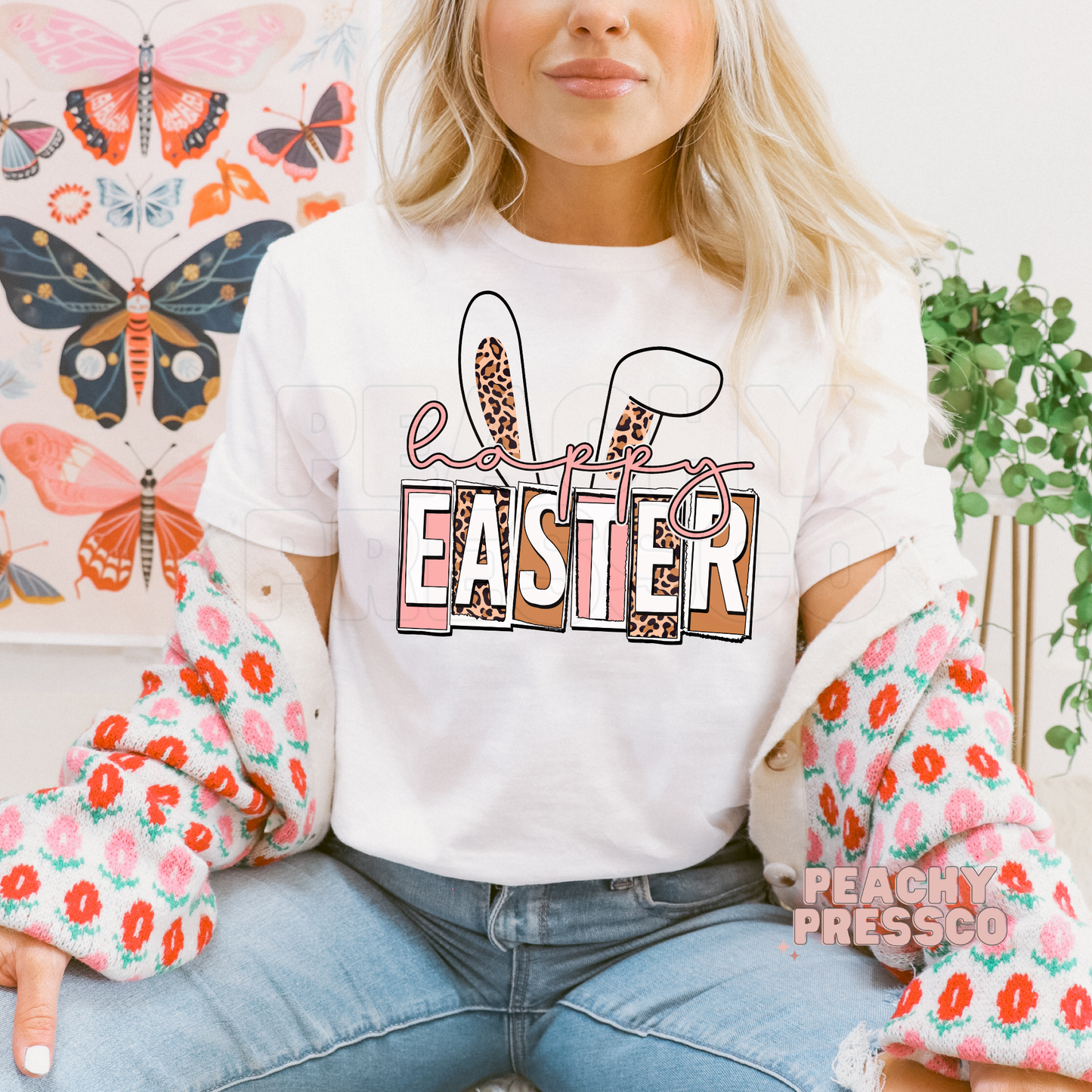 Happy Easter Bunny Ears T-Shirt – Leopard Print Pastel Spring Apparel