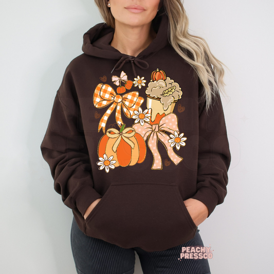 Cozy Fall Sweatshirt with Pumpkins, Bows & Latte | Autumn Vibes Crewneck, Fall Apparel