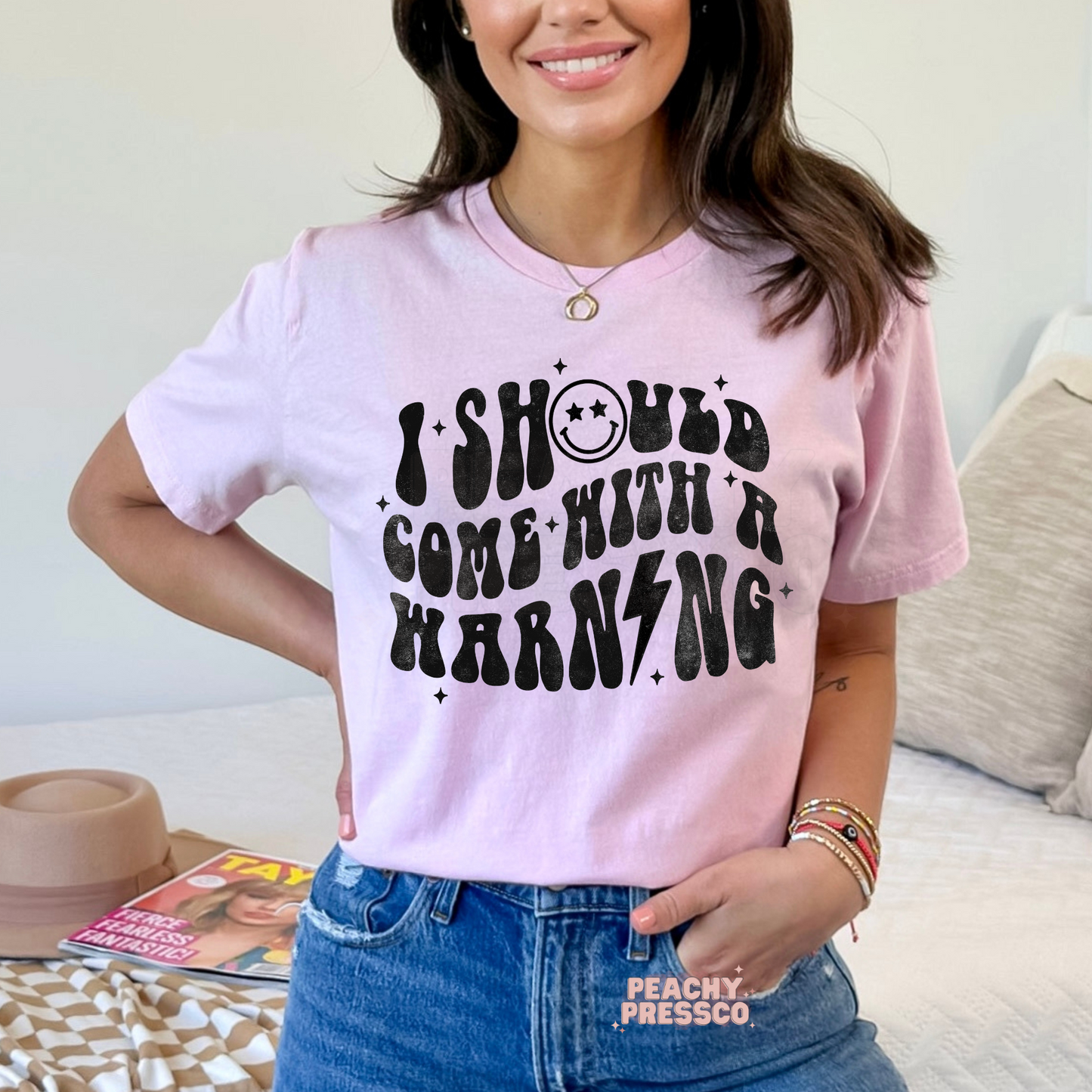 I Should Come With a Warning Funny Sweatshirt – Retro Smile Face Apparel