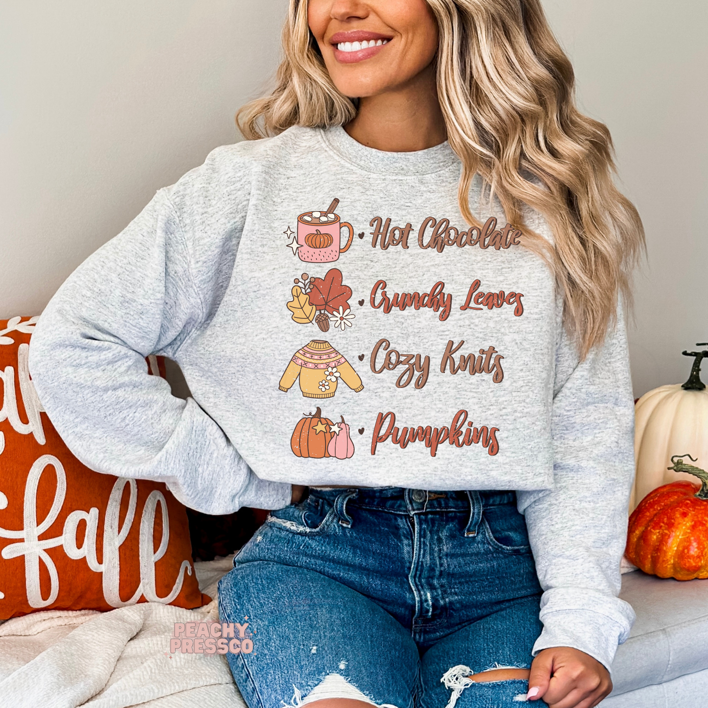 Cozy Fall Checklist Sweatshirt – Hot Chocolate, Leaves & Pumpkins Apparel