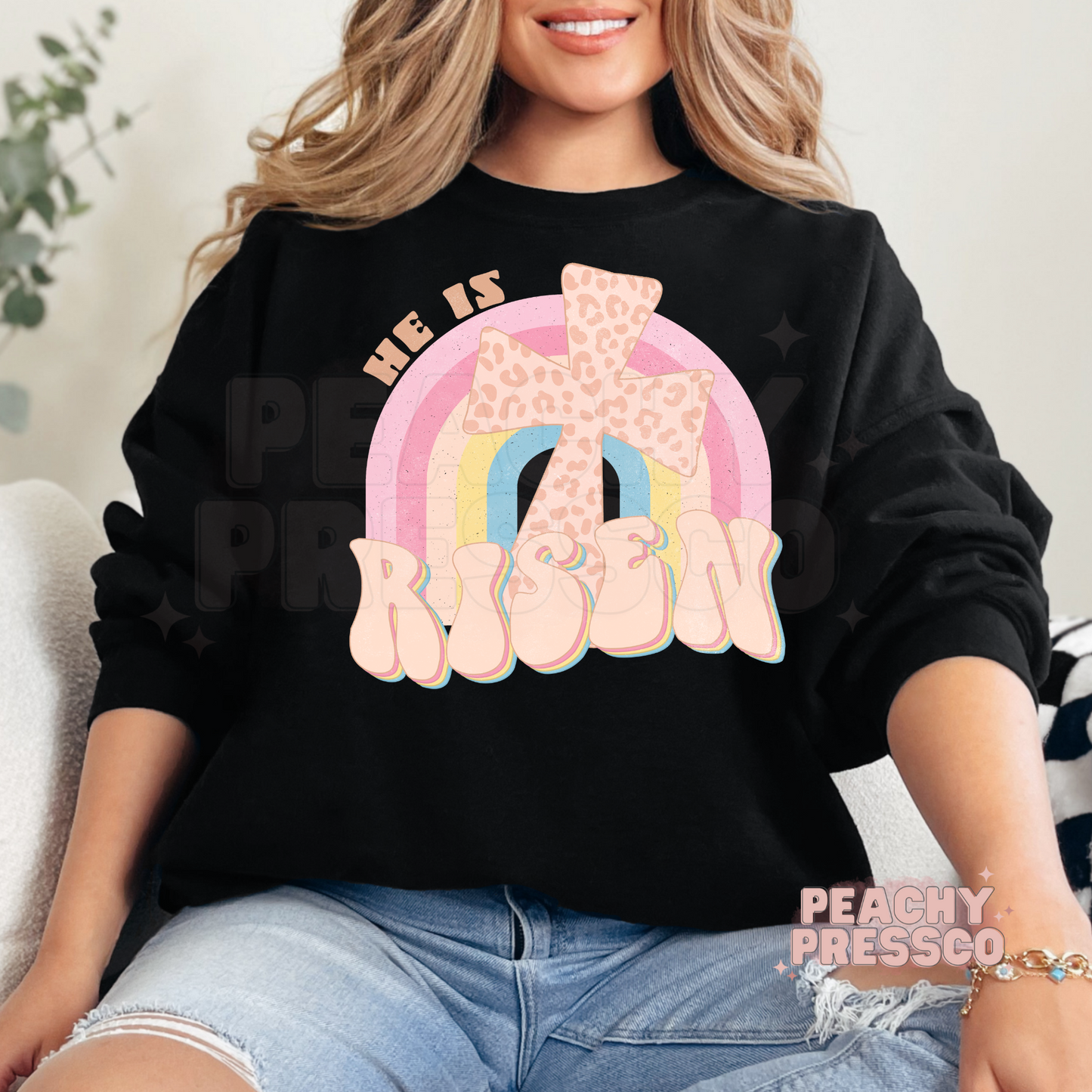 He Is Risen Rainbow Cross T-Shirt – Retro Christian Leopard Print Apparel
