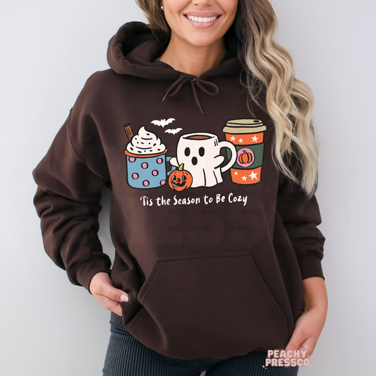 Tis the Season to Be Cozy Sweatshirt – Cute Fall Ghost Mug Graphic, Fall Apparel