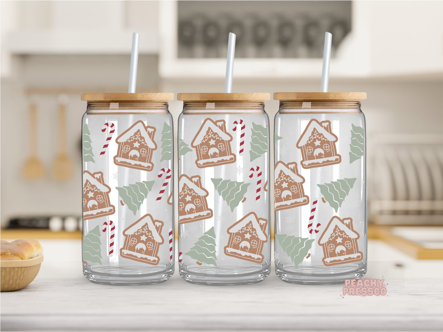 Gingerbread House Christmas Glass Cup – Holiday Candy Cane & Tree Design 16oz