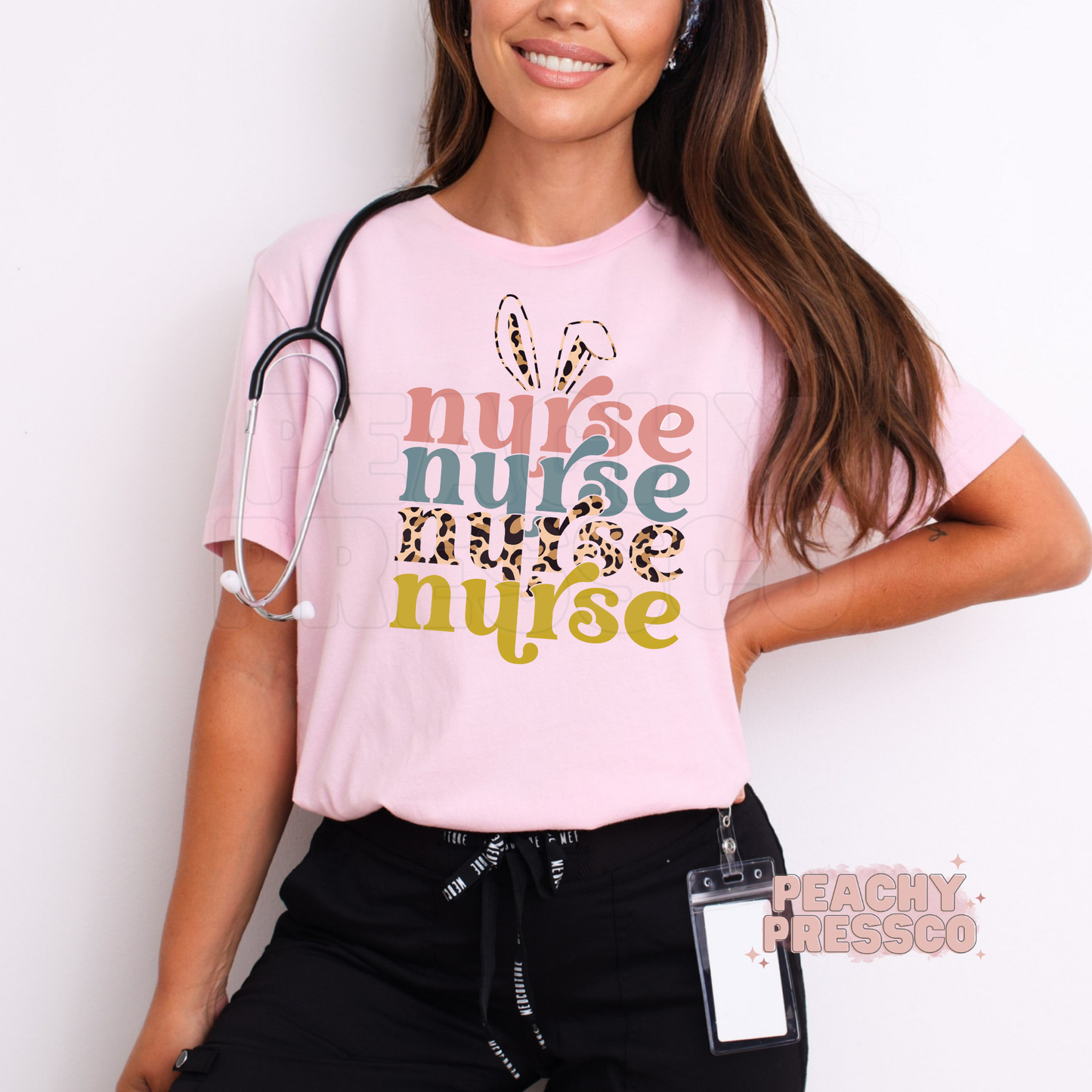Nurse Repeating Text Bunny Ears T-Shirt – Easter Leopard Print Nurse Apparel