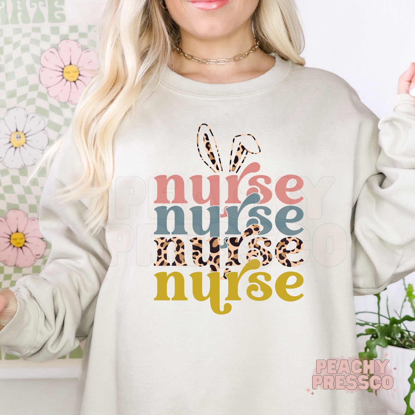 Nurse Repeating Text Bunny Ears T-Shirt – Easter Leopard Print Nurse Apparel