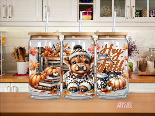 Hey Fall Highland Cow  16oz Glass Cup – Iced Coffee Cup with Straw
