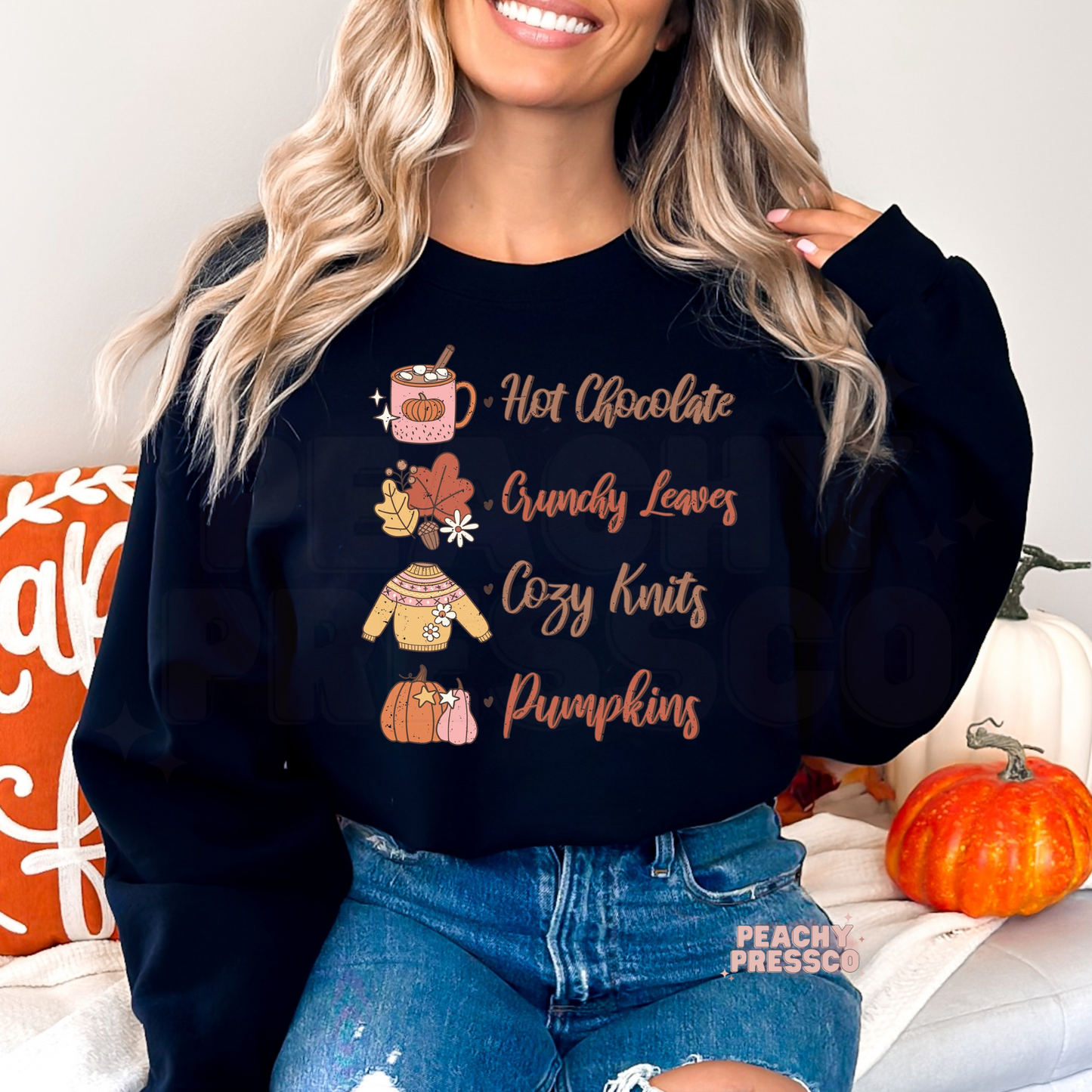 Cozy Fall Checklist Sweatshirt – Hot Chocolate, Leaves & Pumpkins Apparel
