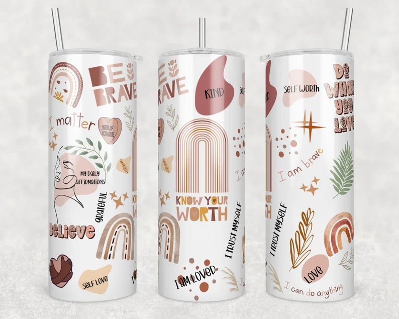 Boho Motivational Affirmation Tumbler – Know Your Worth | Self Love Cup