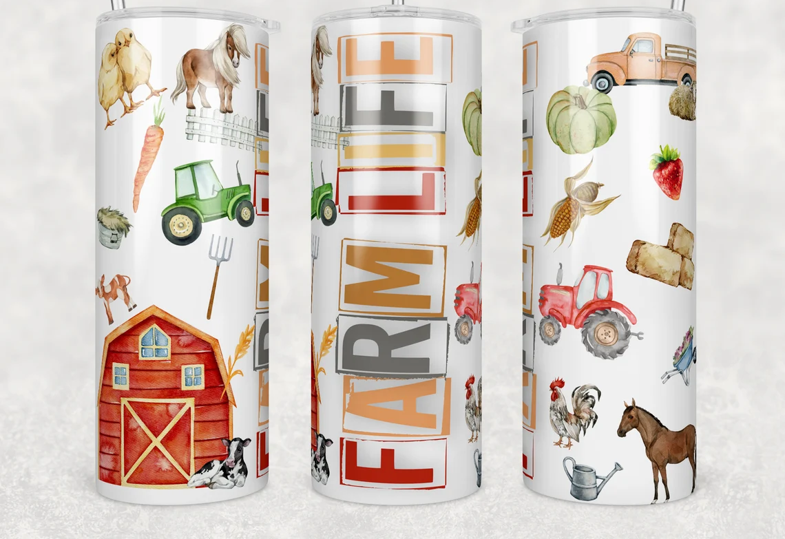 Farm Life Tumbler – 20oz Country Style Cup with Barn, Tractor & Animals
