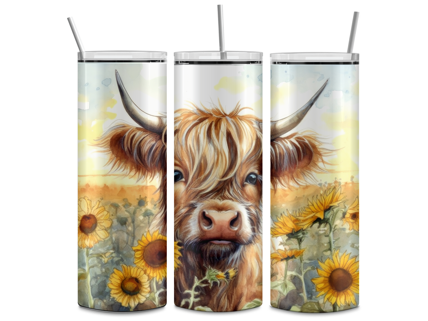 Sunflower Highland Cow Tumbler – Cute Farm Cow Cup with Summer Vibes