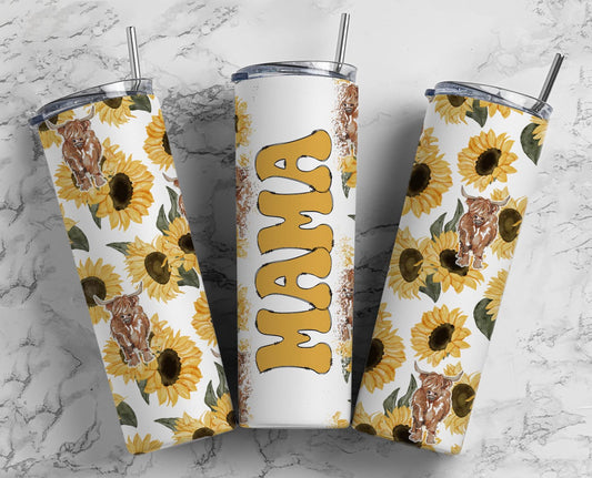 Mama Tumbler with Sunflowers and Highland Cow