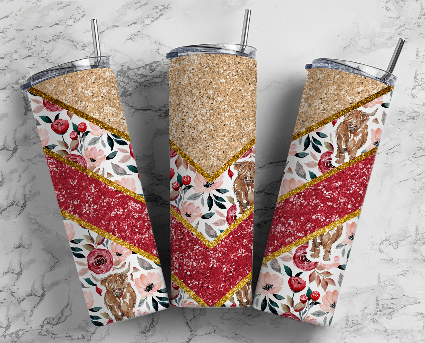 Floral & Highland Cow Tumbler – Chevron, Red Rose Cup