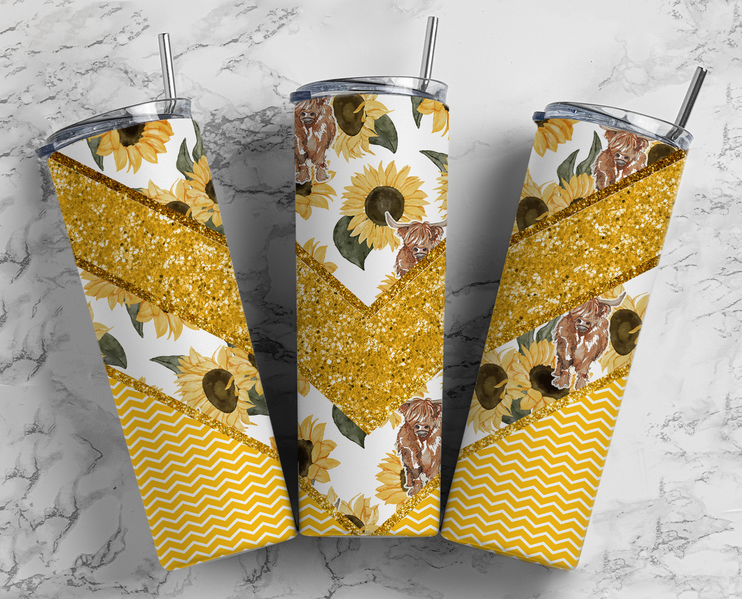Sunflower & Highland Cow Tumbler – Yellow Chevron Cup