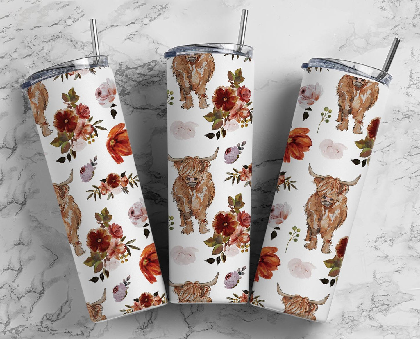Highland Cow Floral Tumbler – 20oz Autumn Flower Print Cup