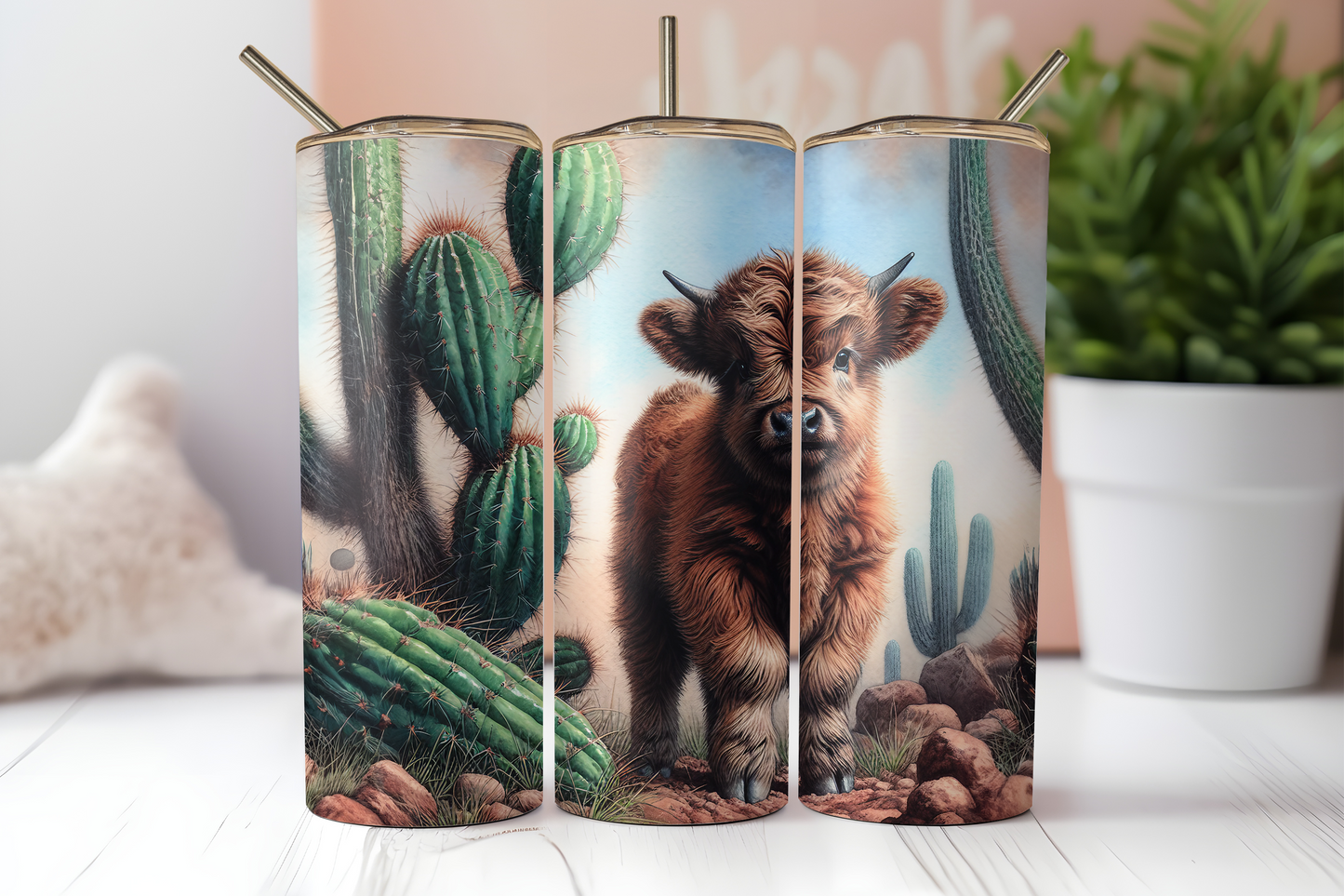 Highland Cow & Cactus Tumbler – Western Desert Drinkware
