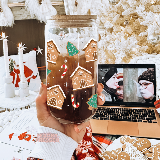 Gingerbread House Christmas Glass Cup – 16oz Holiday Tumbler with Candy Cane & Tree Design