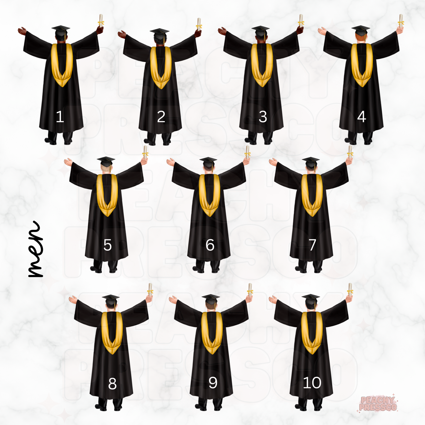 men in graduation gowns and caps with gold stoles on a white background.