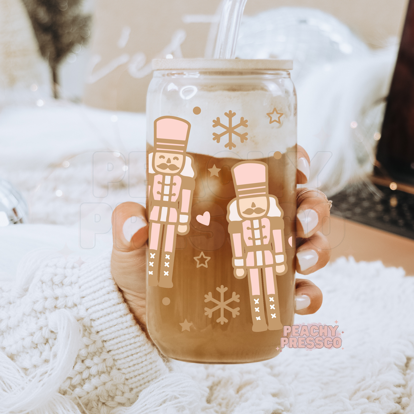 Pastel Nutcracker Glass Cup – 16oz Holiday Cup with Bamboo Lid & Straw