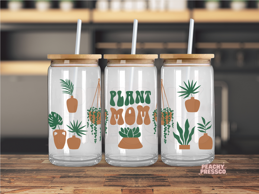 Plant Mom Glass Cup – 16oz Boho Houseplant Cup with Bamboo Lid & Straw
