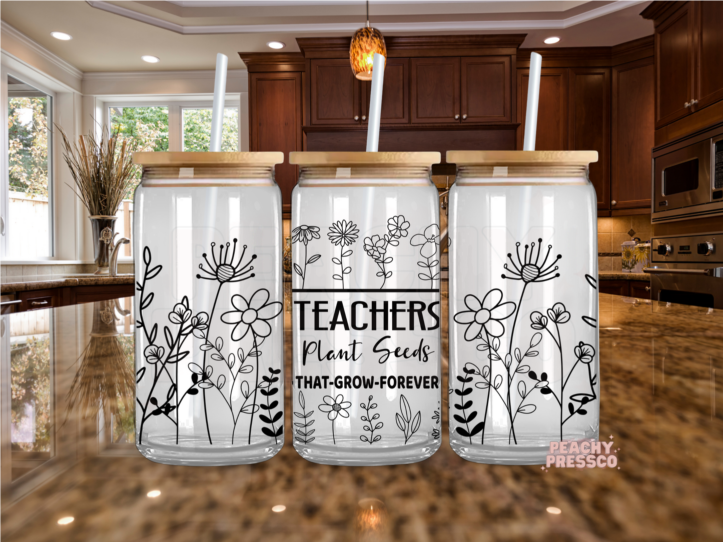 Teachers Plant Seeds Glass Cup – 16oz Cup with Bamboo Lid & Straw