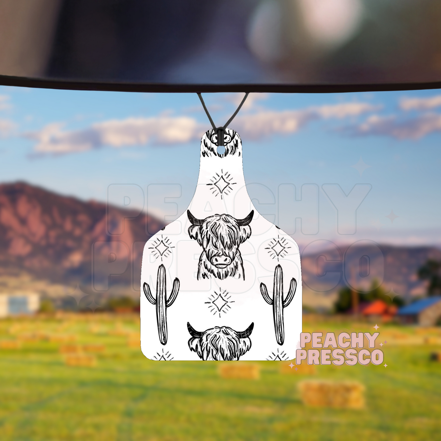 Highland Cow & Cactus Air Freshener – Western Boho Car Accessory