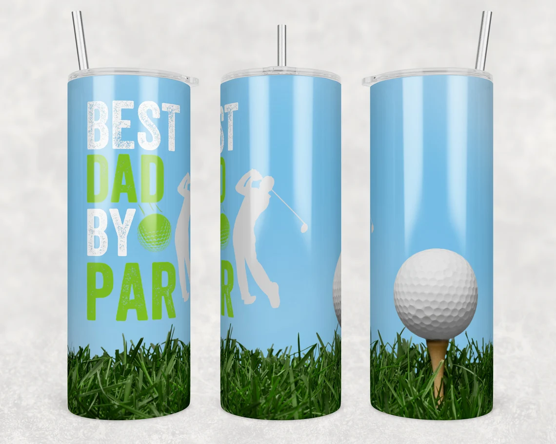 20oz stainless steel tumbler featuring a Best Dad by Par golf design with golf ball, golfer silhouette, and grass, perfect for Father's Day or golf lovers.