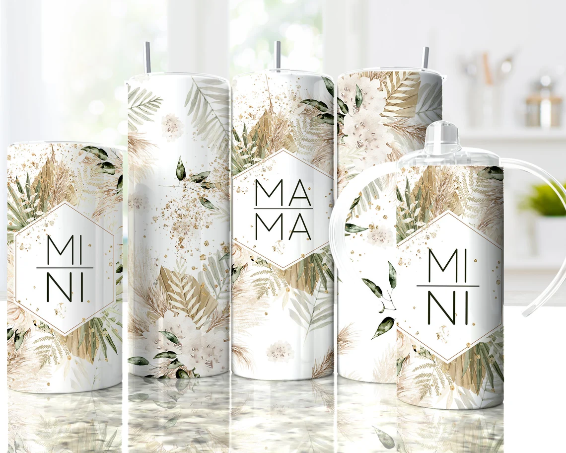 20oz skinny tumbler featuring neutral boho florals, botanical leaves, gold accents, and Mama Mini design.